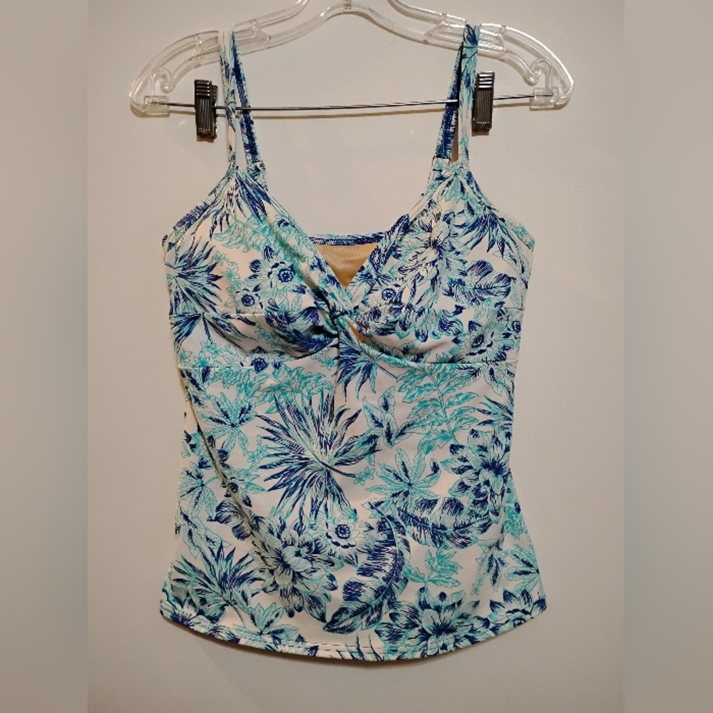 LANDS' END Floral Blue and White Women's SWIM  Top 80%Nylon 20%Spandex/Elastin 8